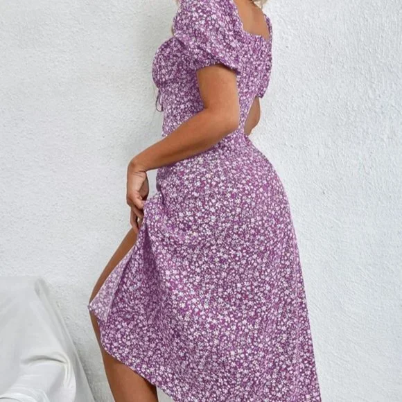 Shein Dress 6 Medium Lilac Purple Pink Floral Long Midi Puffy Short Sleeve Slit - Picture 3 of 5
